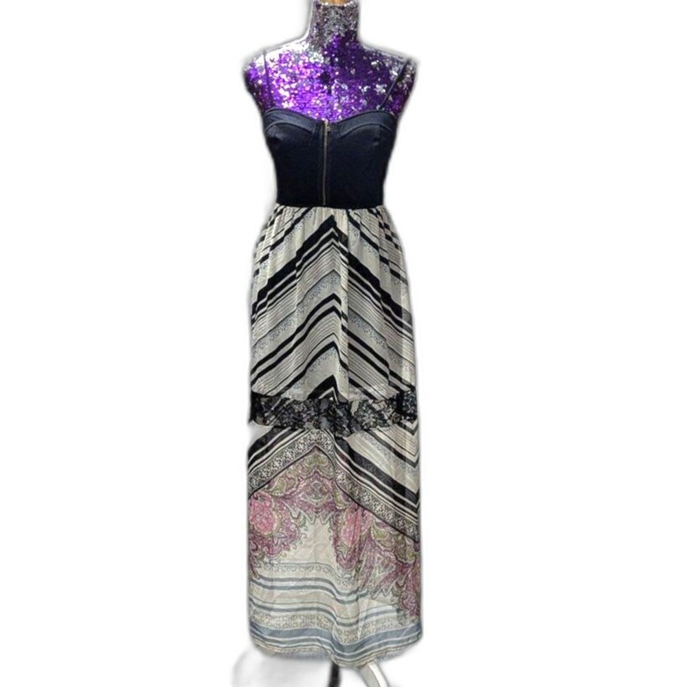 Boho Aztec Festival Blackβ Corset Top Sheer Maxi Dress Fire LA Size S